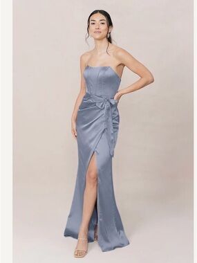 Revelry Satin bridesmaid Gown with Side Tie in French Blue-715